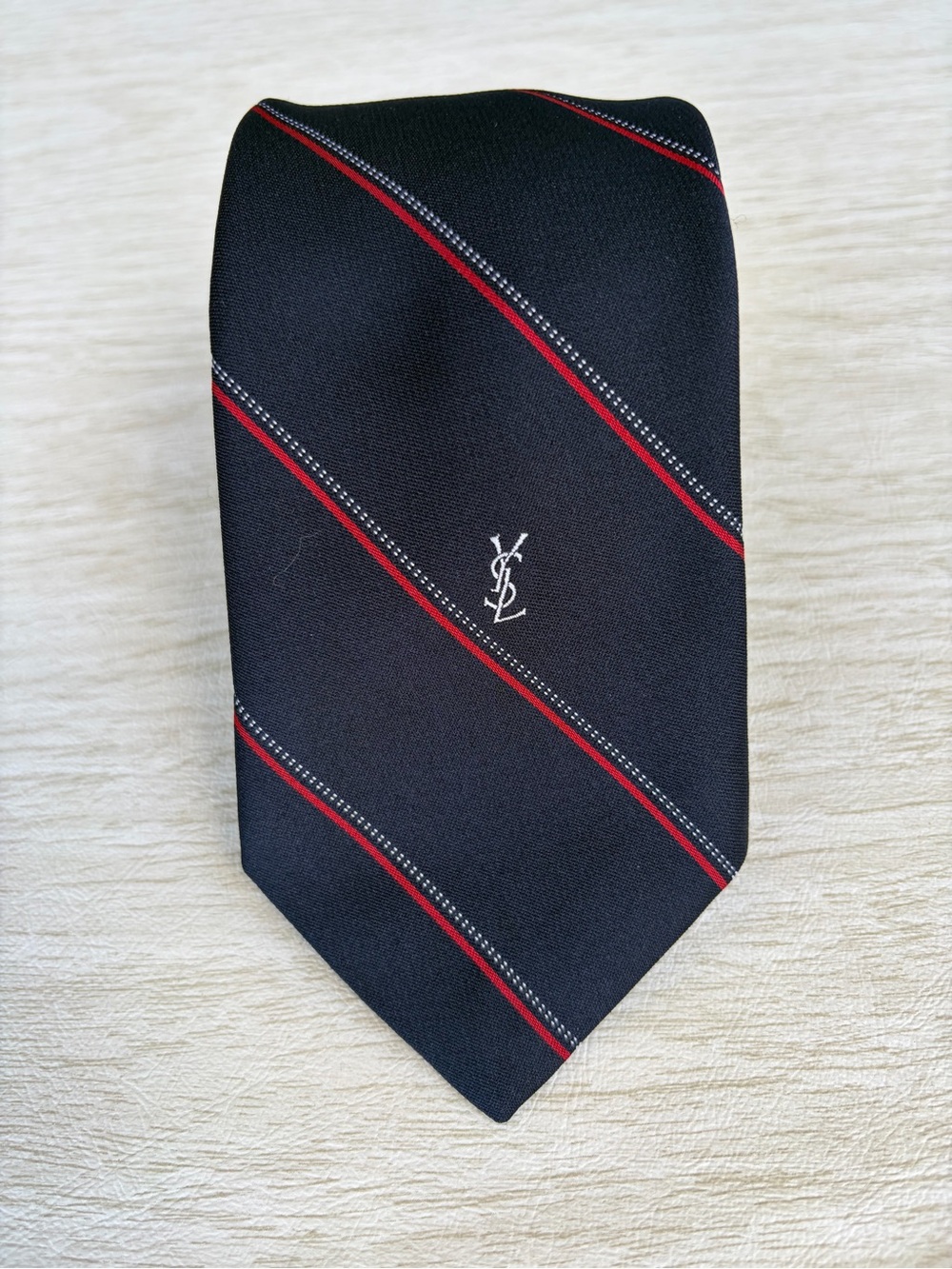 Vintage YSL Yves Saint Laurent Navy Tie with Red & White Stripe Detail